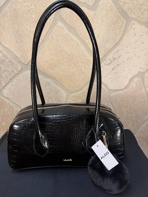 Aldo Black Crocodile Embossed Satchel with Pom Pom Charm and Double Handles NEW