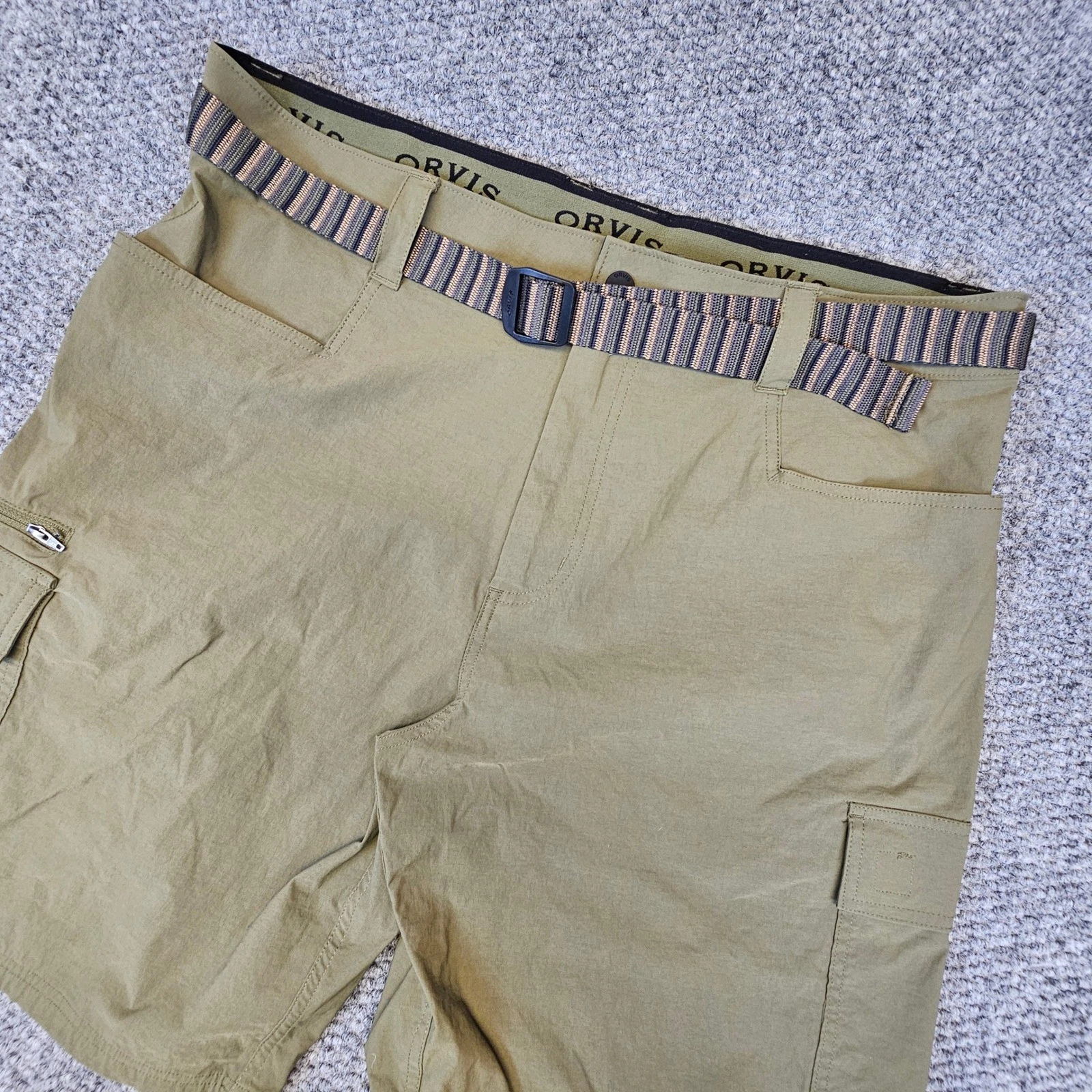 Orvis Mens Tech Cargo Shorts Olive Green Stretch Belted Size 38 Hiking Fishing