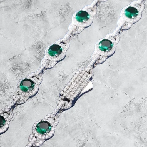 25Ct Round Cut Lab Created Green Emerald Tennis Necklace 14K White Gold Plated - Image 3 of 4