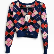 GANNI Argyle Jacquard Organic Cotton Cardigan XS Sodalite Blue Cropped NWT $295