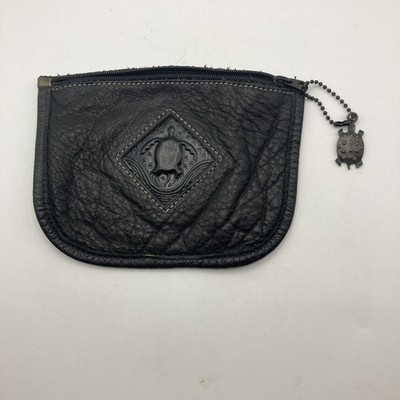 Turtle Ridge Charm & Black Crushed Soft Leather Zippered Coin Purse Wallet EUC