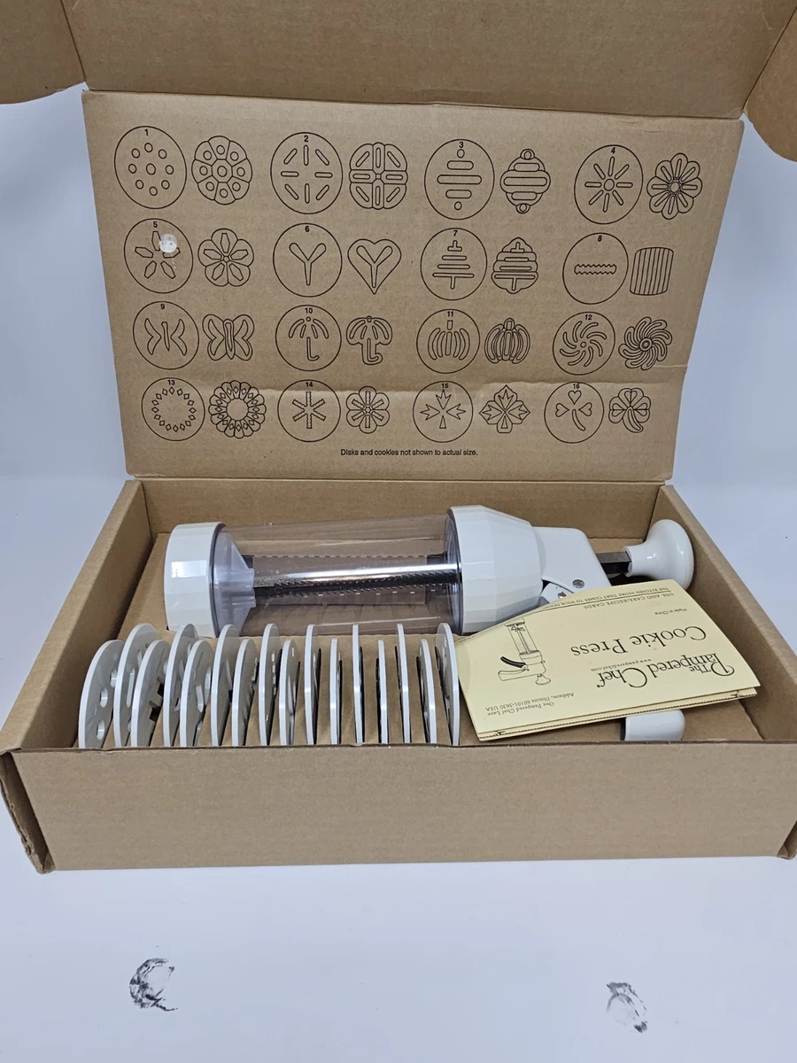 The Pampered Chef 1525 Cookie Press with 16 Discs - White