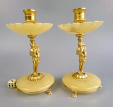 Art Deco Candlesticks Candle Holders. Alabaster Stone Gold. Pair/Two. VTG 6.5"