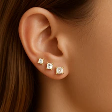 Diamonique 3-Pair Emerald-Cut CZ Stud Earrings Sterling Silver Earrings Set New