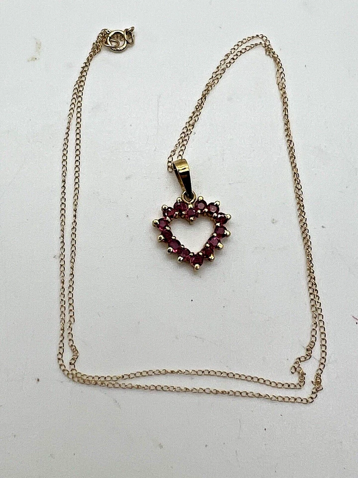 Vintage 14K Yellow Gold Pink Tourmaline or Ruby Gem Heart Pendant 18in Long D5 - Image 3 of 4