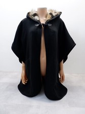 Steve Madden Womens Poncho Coat Size Ofsa Black Faux Fur Hood Jacket Vgc