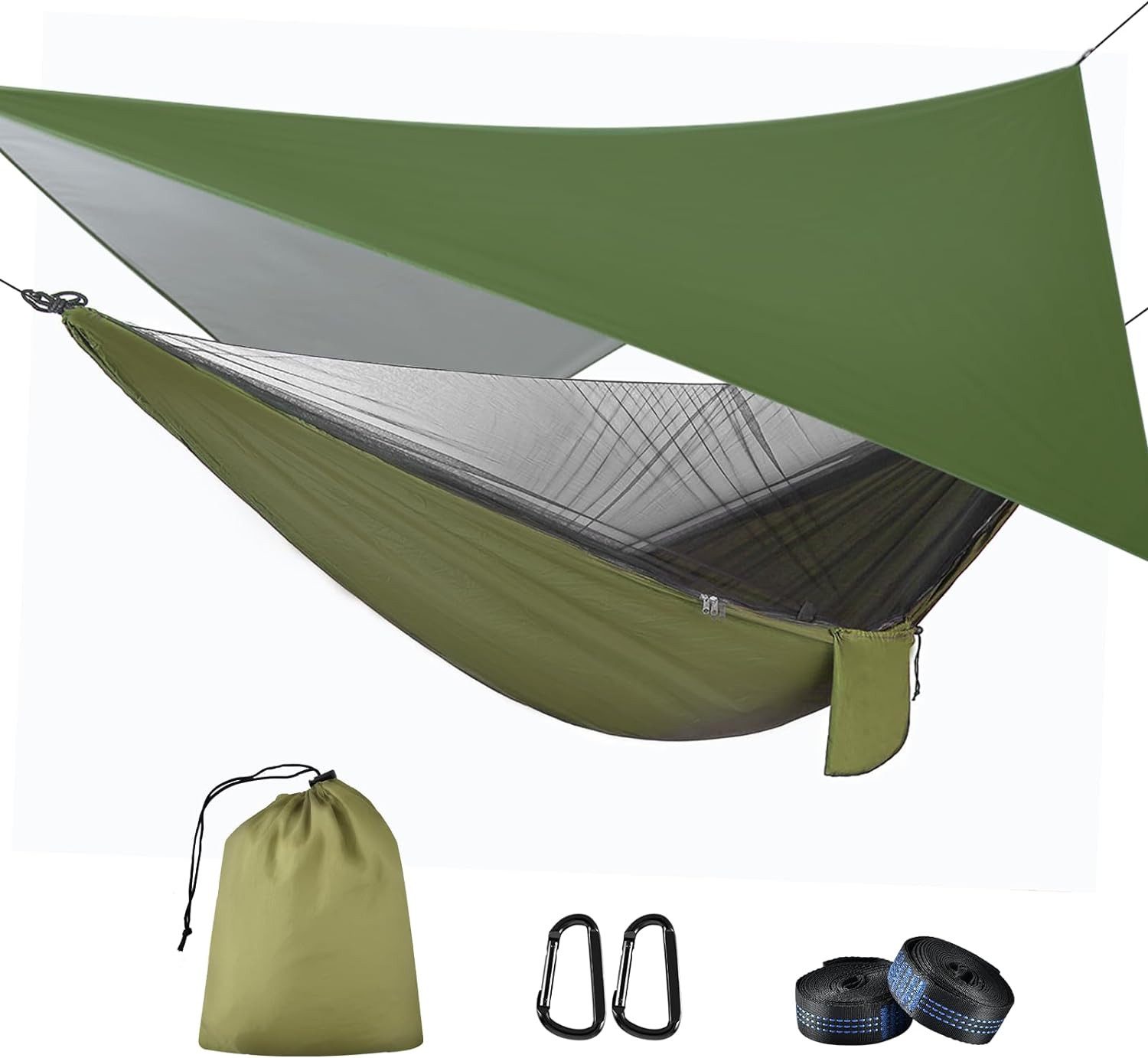 Hamac avec moustiquaire 290x140 cm et bâche de camping imperméable verte