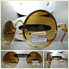 Men's Classy Sophisticated SUN GLASSES Round Gold & Wood Wooden Frame Honey Lens