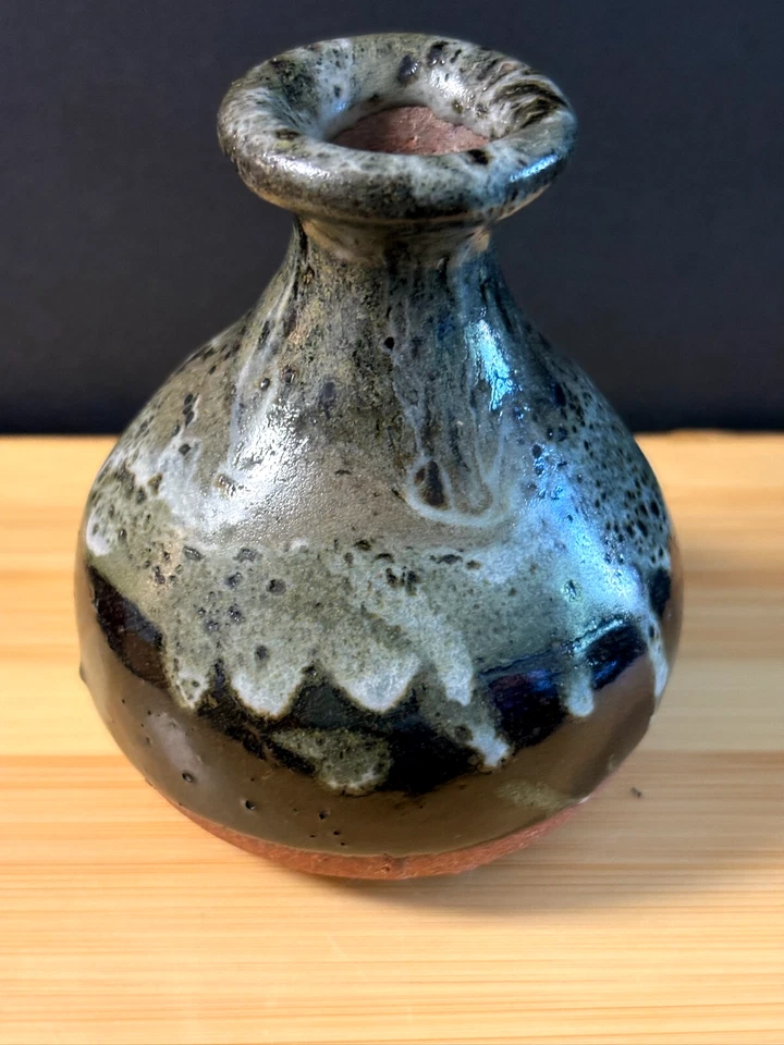 2 jarrones de cerámica azul turquesa/blanco flor 4,5" esmalte de goteo de brote de cerámica años 60 Foto 4 de 4