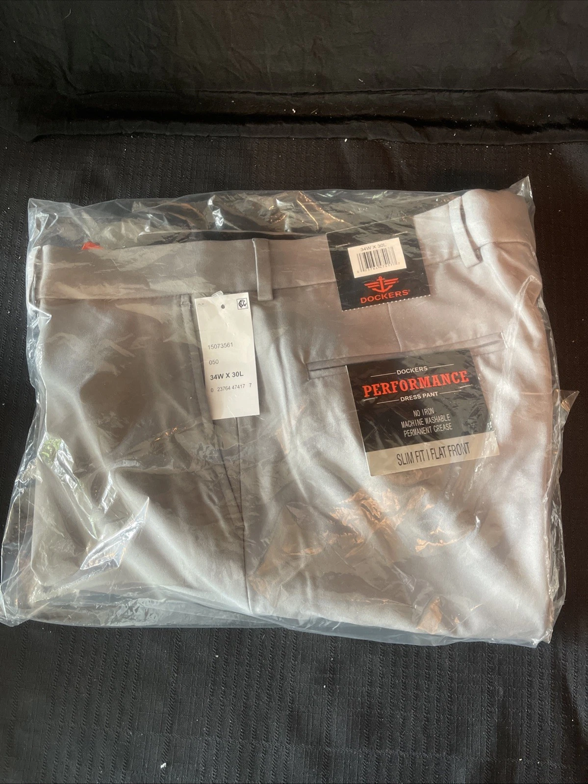 Dockers Pants Mens 34 W x30 L Grey Slim Fit Flat Front Performance NEW