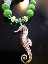 STERLING SILVER SEAHORSE Pendant Necklace w/ Emerald Green Lampwork Glass Beads