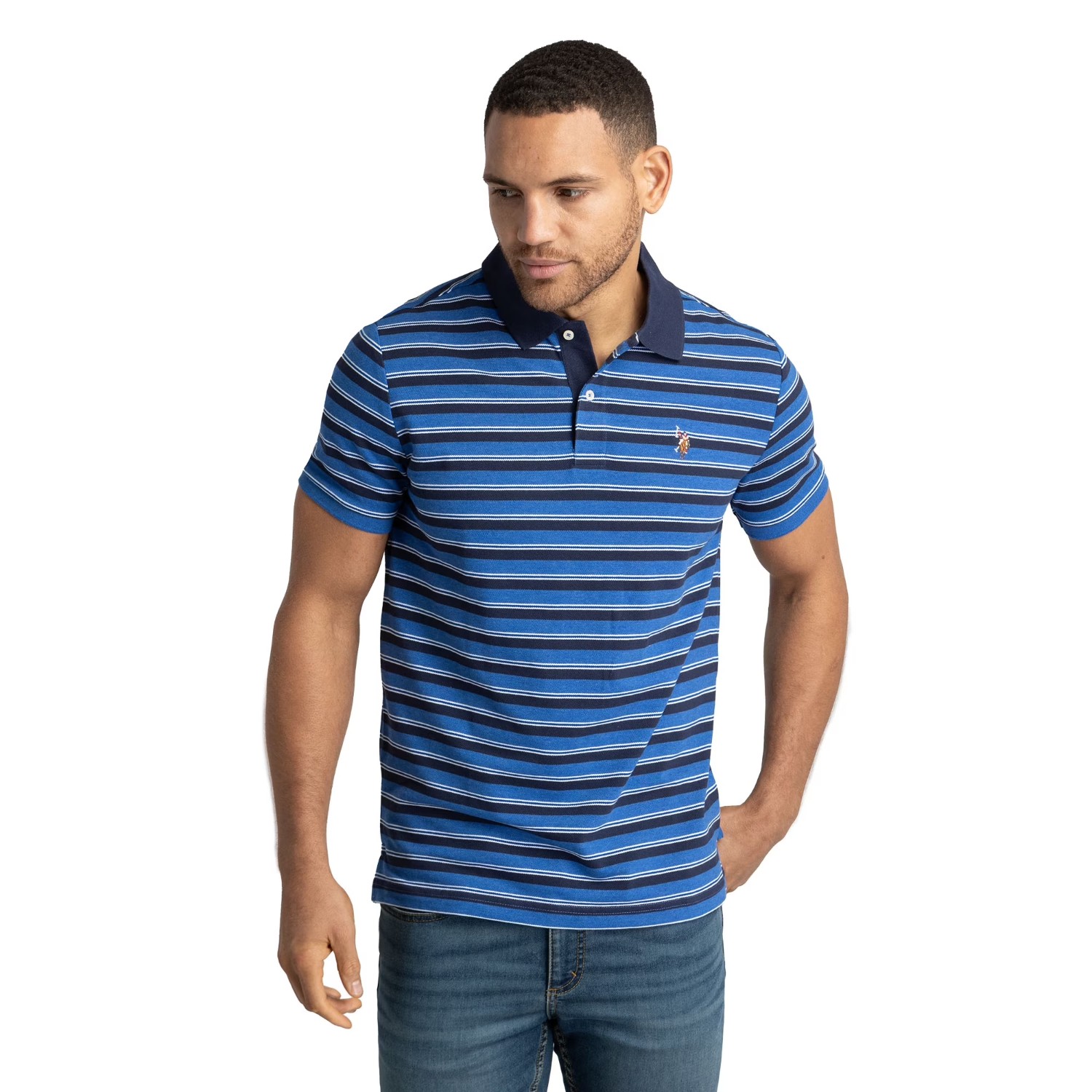 US Polo Assn Mens Stripe Pique Polo Shirt L Cobalt Heather - Dynamic 3490₽