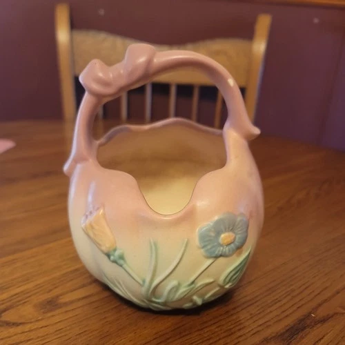 Vintage Original Hull Blue Bow-Knot Ceramic Vase Basket Pink Bow accent Handle