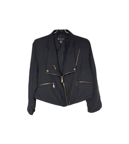 INC International Concepts Black 100% Silk Cropped Motorcycle Jacket Women’s L