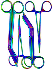 4 LISTER BANDAGE SCISSORS 7.25"+5.5"+ HEMOSTAT STR+CVD MULTI RAINBOW TITANIUM 