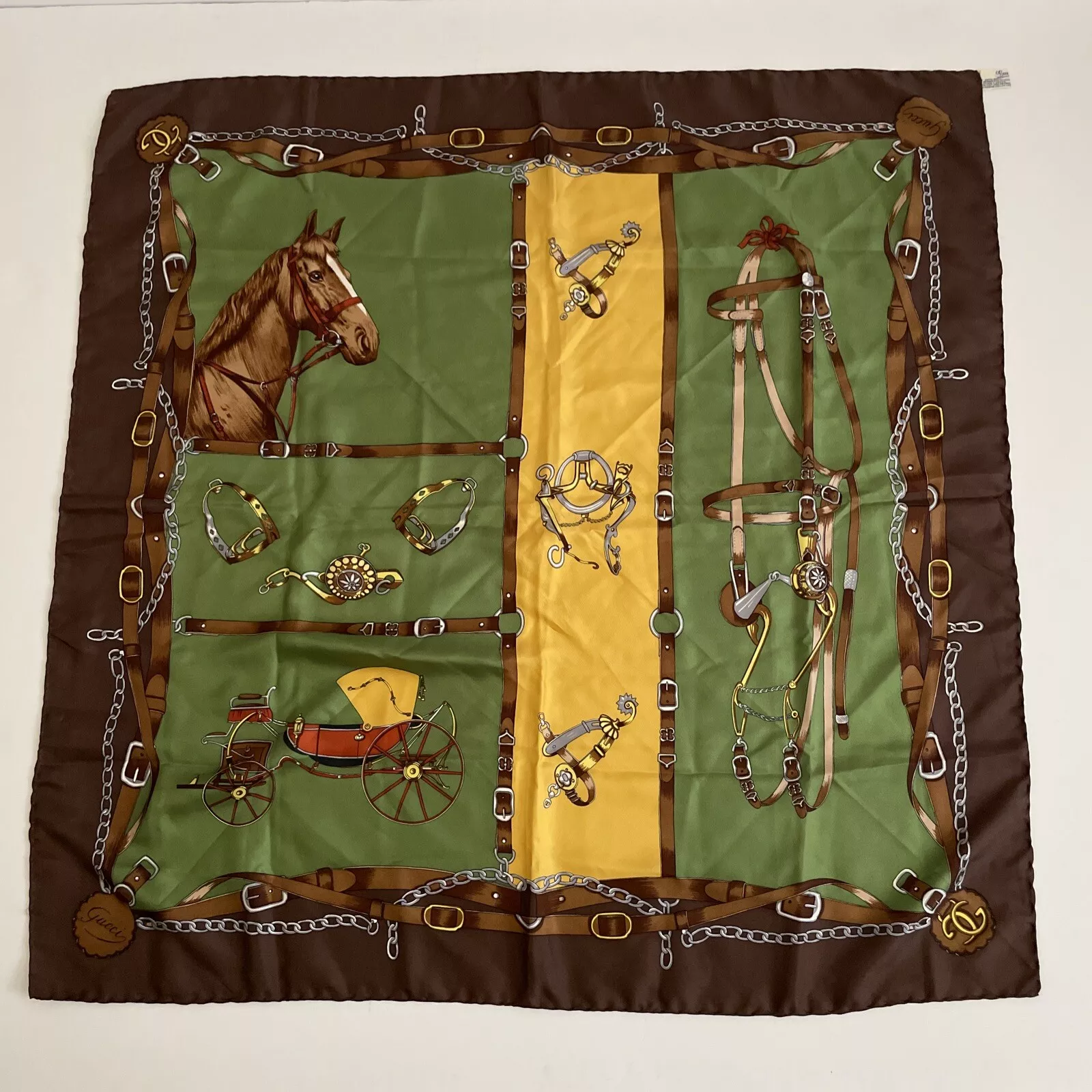 Foulard vintage Gucci en soie grand cheval et poussette équestre