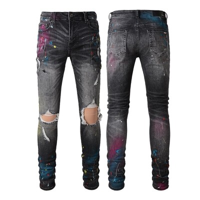 BNWT Knee Hollow Out Skinny Men's Ripped Pop Pants Black Jeans AM5636C