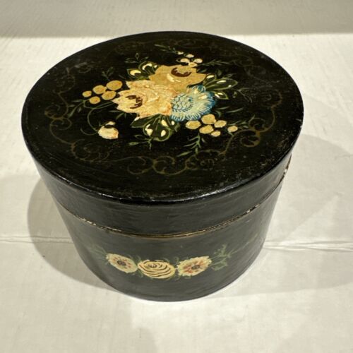Vintage Floral Lidded Cardboard Round Box Hand Painted JAPAN Black SS Antique - Picture 1 of 13