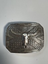 Vintage Nocona Longhorn Bull Skull Silver Tone Large Western American Buckle
