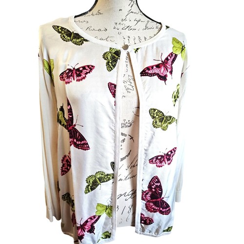 Silk Cardigan Sweater size 2X Butterflies Cream Career Business Casual