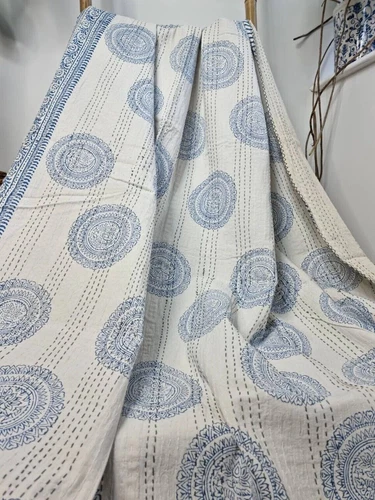 Indian Bedspread floral block Print Kantha Quilt,blanket Cotton king size Throw