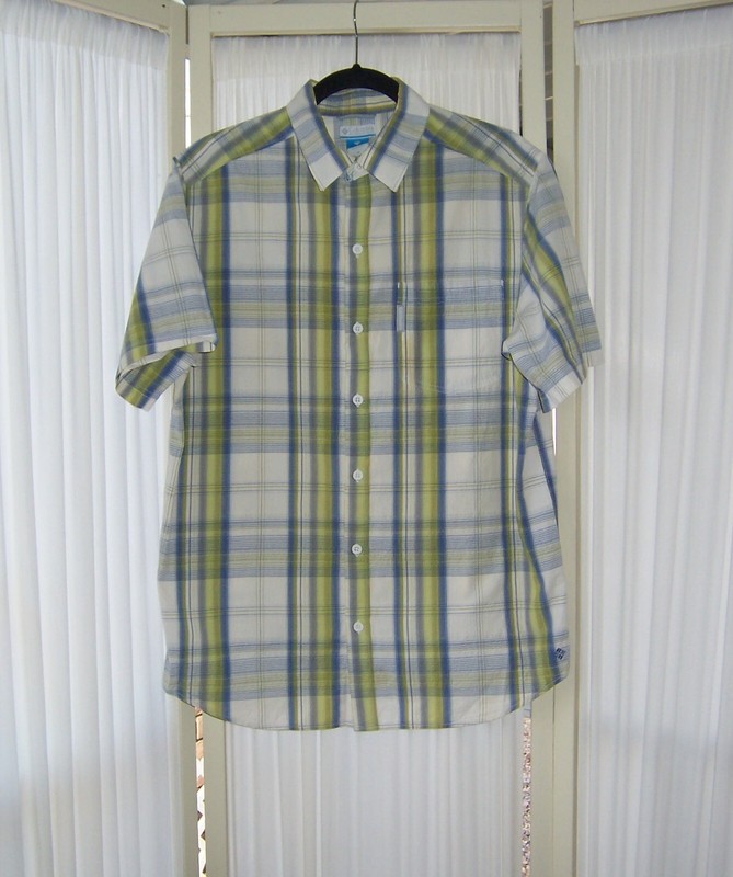 MEN COLUMBIA WHITE GREEN BLUE PLAID SHORT SLEEVE SHIRT M