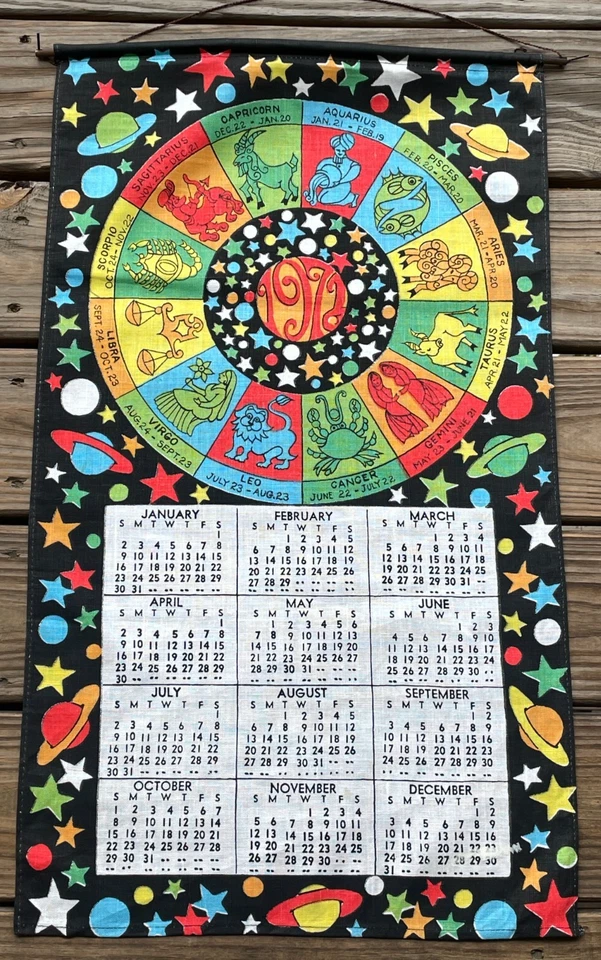 Leap Year 1972 linen calendar zodiac signs tea towel 1916 1944 1972 2000 2028 - Image 2 of 4