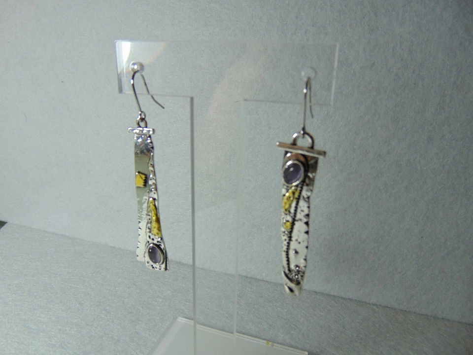 ORECCHINI DONNA PENDENTI STILE ETNICO IN METALLI MISTI CON PIETRA VIOLA OVALE - Immagine 2 di 4