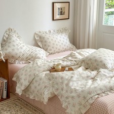 Floral Duvet Cover Set for Girls 100 Cotton Ruffled Bedding with Pink Blosso...