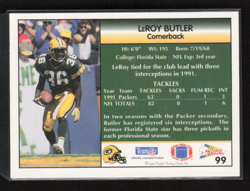 1992 Pacific #99 LeRoy Butler Green Bay Packers - Image 2 of 2