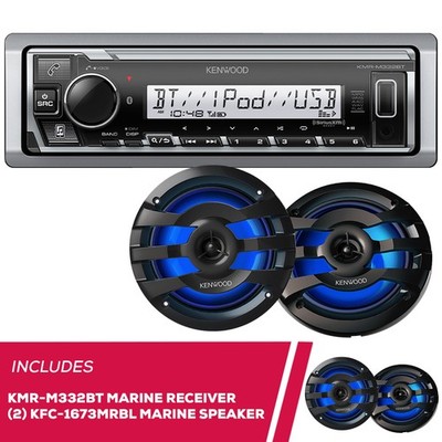 Kenwood KMR-M332BT Marine Media Receiver and 2 Pack KFC-1673MRBL 6.5'' Speaker