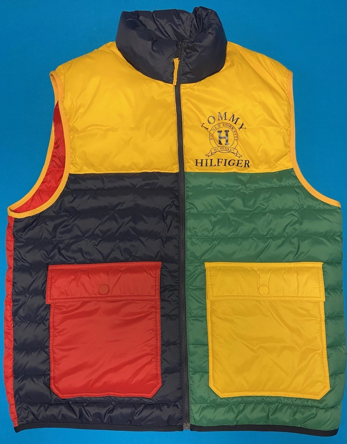 Tommy Hilfiger Vest Mens Sz L Yellow Colorblock Full Zip Puffer Insulated Pocket