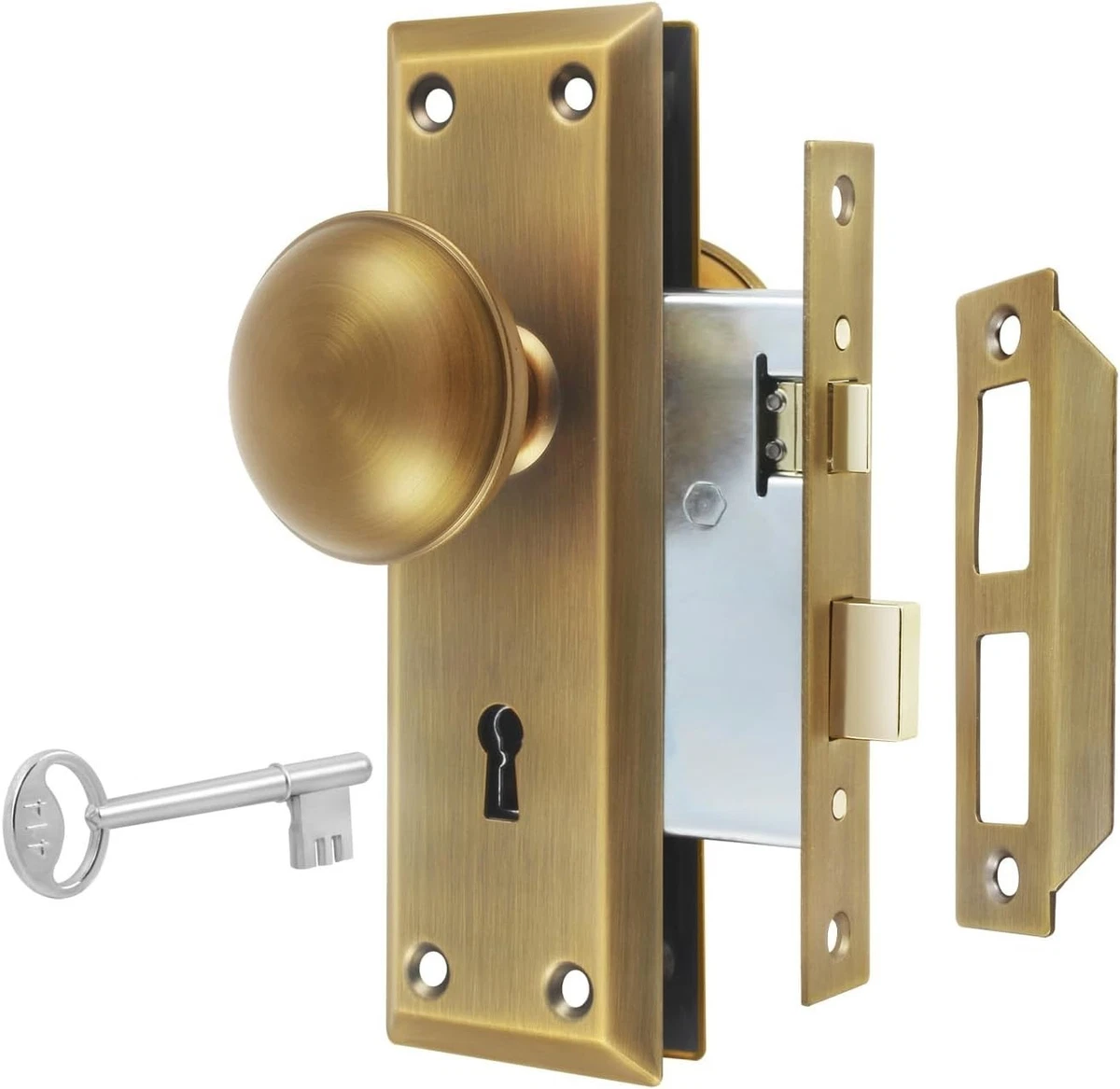 Mortise Lock Set for Interior Door, Vintage Antique Brass Door Knobs with Lock a