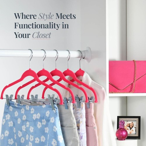 Paquete de 10 perchas de terciopelo para ropa con clips ultrafinas antideslizantes en rosa fucsia @ - Imagen 6 de 7