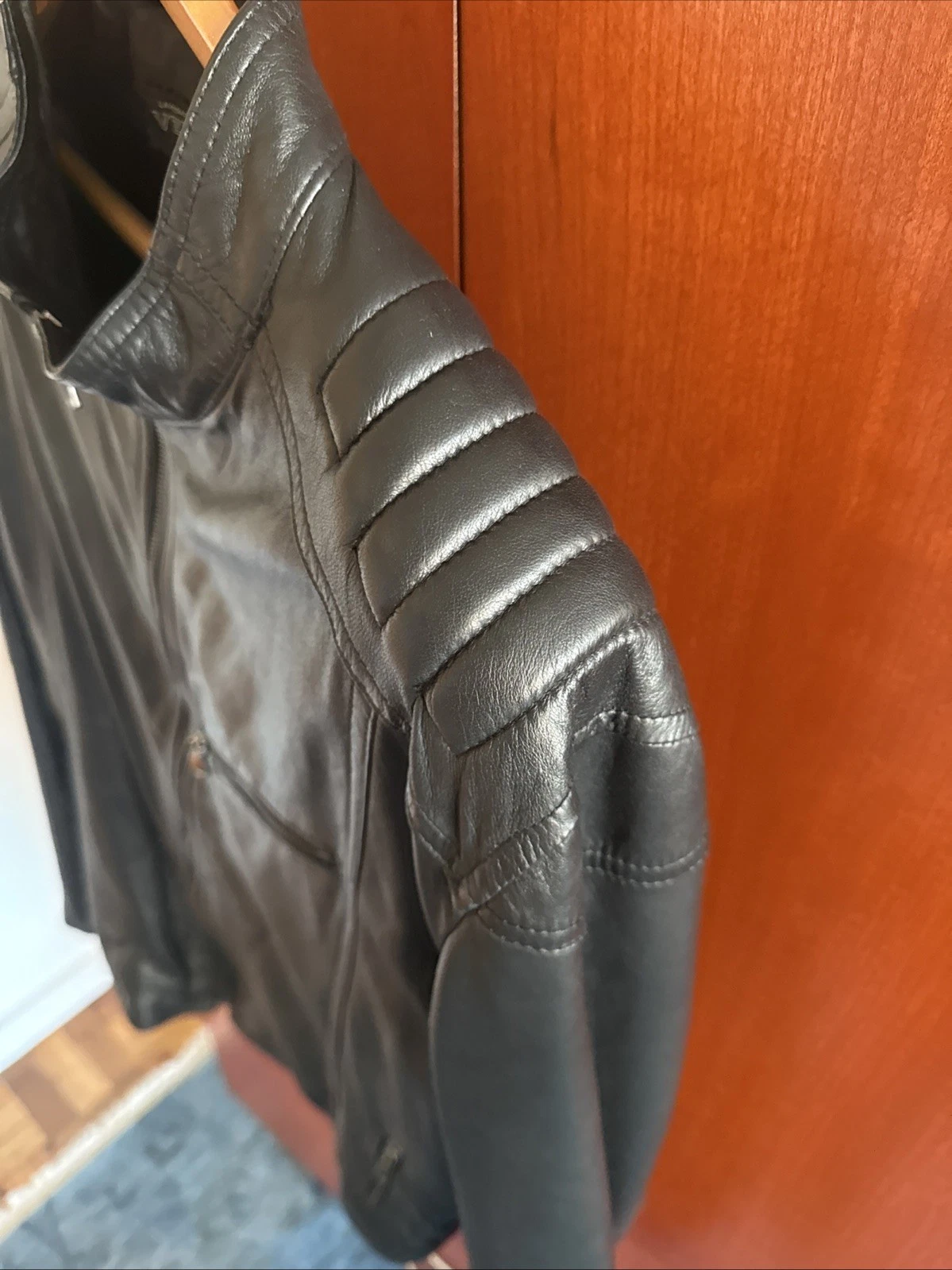 Vera Pelle Men's Genuine Leather Black Bomber Jacket Made In Italy Size 60 - product detail image 8