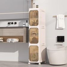 3 Tier Slim Bathroom Storage Cabinet Foldable and Movable Beige Tools Free
