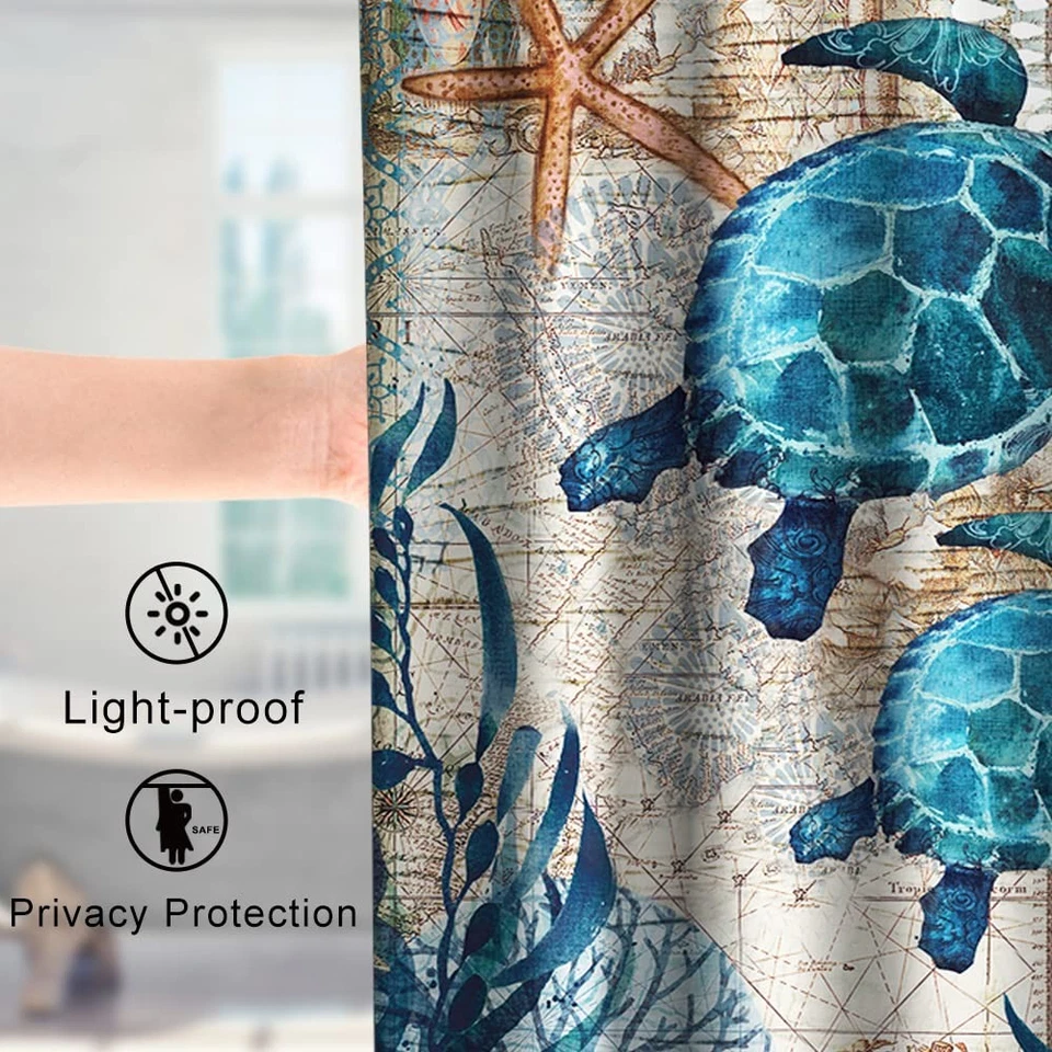 Cortina de Ducha 72x72 Pulgadas, Tortugas Náuticas con Ganchos, Azul Foto 3 de 4