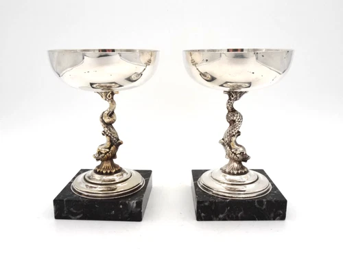 PAIR ANTIQUE SILVER PLATED DOLPHINS TAZZA BOWLS SPAIN ALPADUR MARBLE
