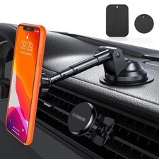 Magnetic Phone Holder Car Mount Super Sticky Suction Cup Retractable 360° Black