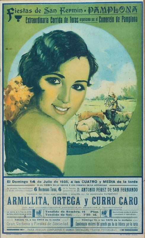 C. RUANO LLOPIS — C. RUANO LLOPIS - Rare affiche originale lithographique - Corrida Pampelune 1935