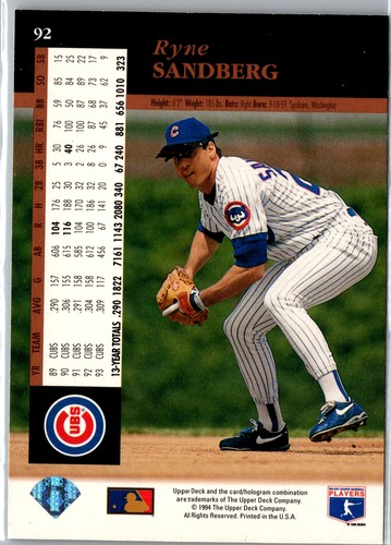 1994 Upper Deck #92b Ryne Sandberg Electric Diamond - Picture 2 of 2