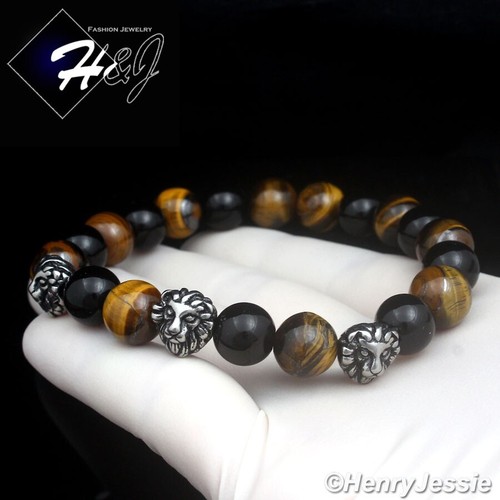 MEN Stainless Steel 10mm Black Onyx/Tiger Eye Beads 3D Lion Heads Bracelet*SB108 - 第 1/2 張圖片