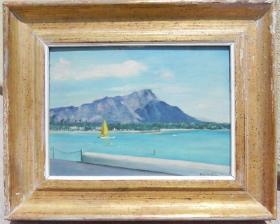 Vintage Hawaiian 1952 painting Waikiki Diamond Head signed Jeff