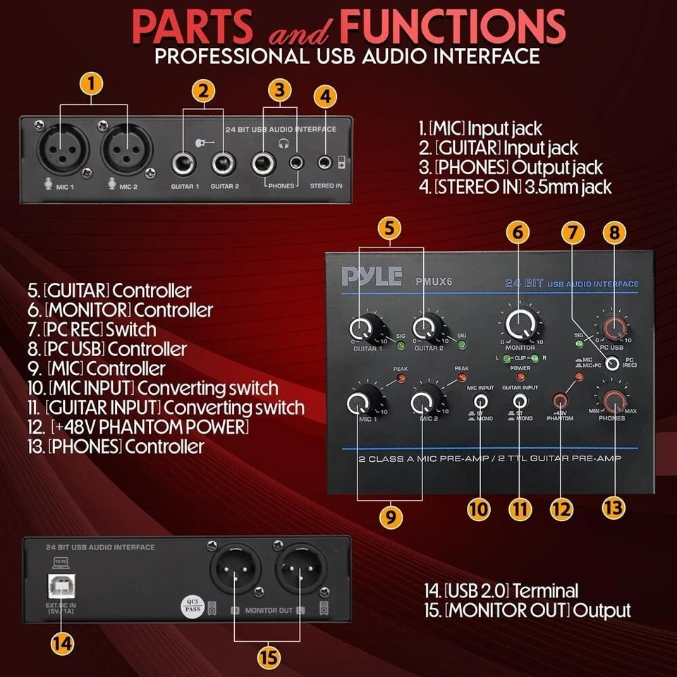 Pyle Compact 2 Channel USB Audio Interface w/Ultralow Noise Design - PMUX6 - Image 2 of 4