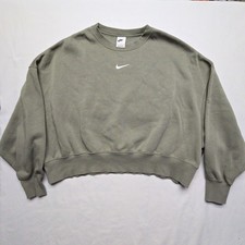 Nike Crew Neck Cropped Sweatshirt Olive Green Womens L Oversized Pullover Casual