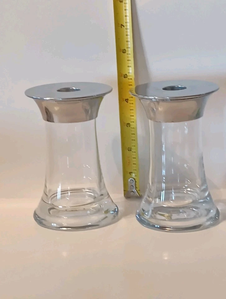 Set Ralph Lauren Clear Candlestick Holders 5" Chrome Like Top Unique Decorative - Image 2 of 4