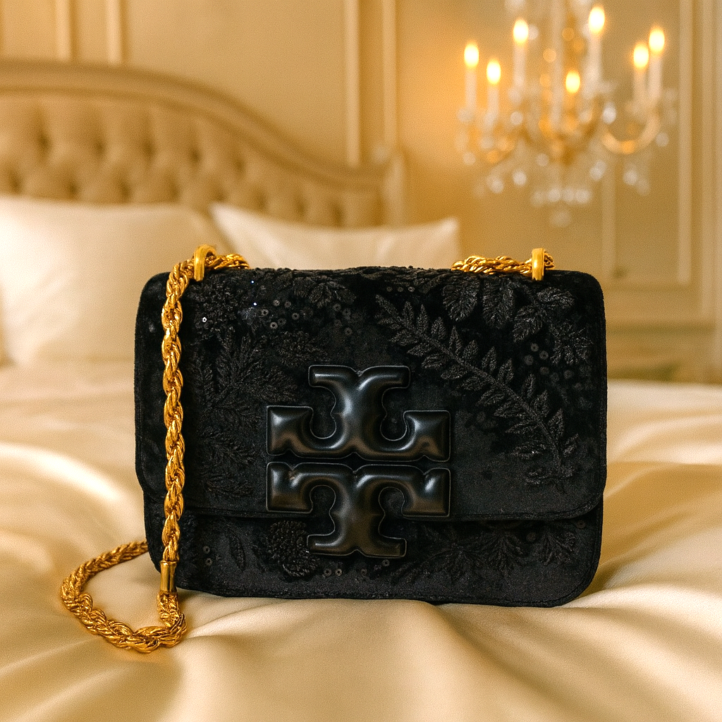NEW Tory Burch Eleanor Black Embroidered Velvet Small Convertible