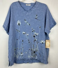 Jess & Jane Tunic Top Womens Large Blue Graphic Print Nature Old Money New Gift