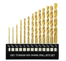 13 Pcs Titanium Coated Twist Hex Shank Drill Bit Set, 135 Degree Tip HSS Impact