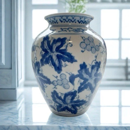 Vintage Blue and White Chinese Porcelain Vase with Grapevine Design
